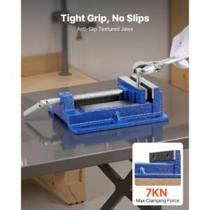 drill press vise, 6 inch jaw width, portable bench vise, slotted base for easy installation, durable cast iron construction, workbench vice, for woodworking, metalworking, drilling, and cutting