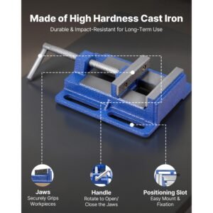 drill press vise, 6 inch jaw width, portable bench vise, slotted base for easy installation, durable cast iron construction, workbench vice, for woodworking, metalworking, drilling, and cutting