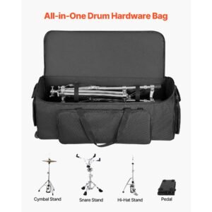 drum hardware bag with wheels, 1680d, drum set equipment carry bag, carrying case with sturdy handle, durable zipper, smooth pvc wheels, multiple pockets, for hardware and stand accessory, black