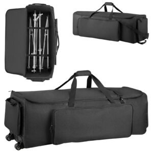 Drum Hardware Bag with Wheels, 1680D, Drum Set Equipment Carry Bag, Carrying Case with Sturdy Handle, Durable Zipper, Smooth PVC Wheels, Multiple Pockets, for Hardware and Stand Accessory, Black