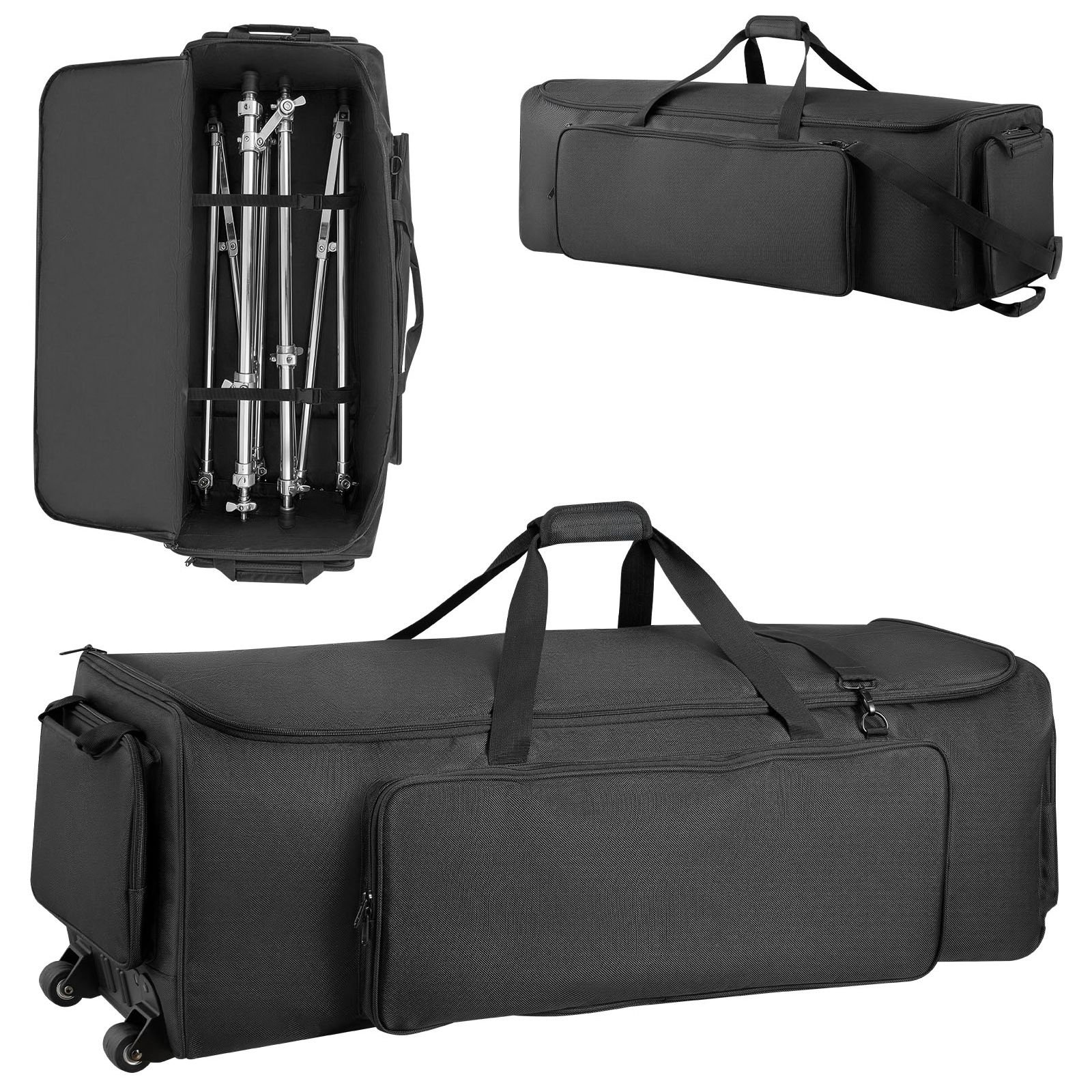 drum hardware bag with wheels, 1680d, drum set equipment carry bag, carrying case with sturdy handle, durable zipper, smooth pvc wheels, multiple pockets, for hardware and stand accessory, black