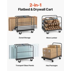 drywall cart dolly, 1800 lbs load capacity, 2 in 1 steel panel truck cart with 5 inch swivel casters, 36 x 24 inch platform truck with 4 side handrails for factory, warehouse, garage, black