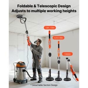 drywall sander, 1010w electric drywall sander, popcorn ceiling removal tool with 7 variable speed 1000 2200 rpm, double deck led light, foldable & extendable handle, 15 sanding discs, dust hose