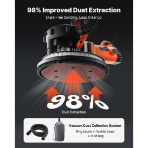 drywall sander, 1150w electric drywall sander, popcorn ceiling removal tool with vacuum dust collection, 5 variable speed 800 1700 rpm, led light, foldable & extendable handle, 15 sanding discs