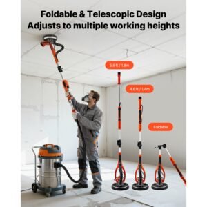 drywall sander, 850w electric drywall sander, popcorn ceiling removal tool with 5 variable speed 800 1700 rpm, double deck led light, foldable & extendable handle, 15 sanding discs, dust hose