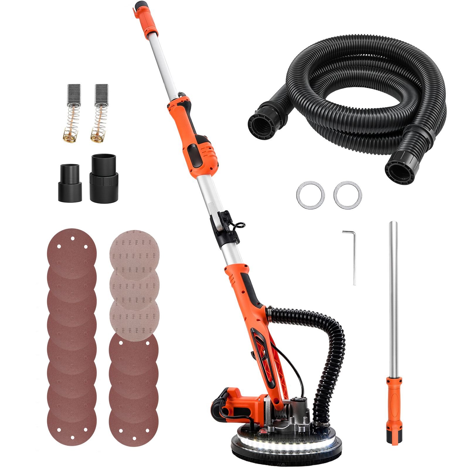 drywall sander, 850w electric drywall sander, popcorn ceiling removal tool with 5 variable speed 800 1700 rpm, double deck led light, foldable & extendable handle, 15 sanding discs, dust hose