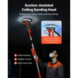 drywall sander, 950w electric drywall sander, popcorn ceiling removal tool with 7 variable speed 1000 2300 rpm, double deck led light, foldable & extendable handle, 15 sanding discs, dust hose