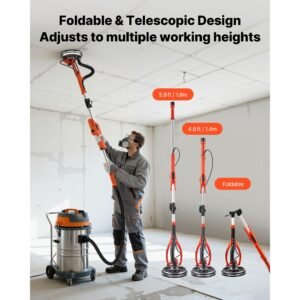 drywall sander, 950w electric drywall sander, popcorn ceiling removal tool with 7 variable speed 1000 2300 rpm, double deck led light, foldable & extendable handle, 15 sanding discs, dust hose