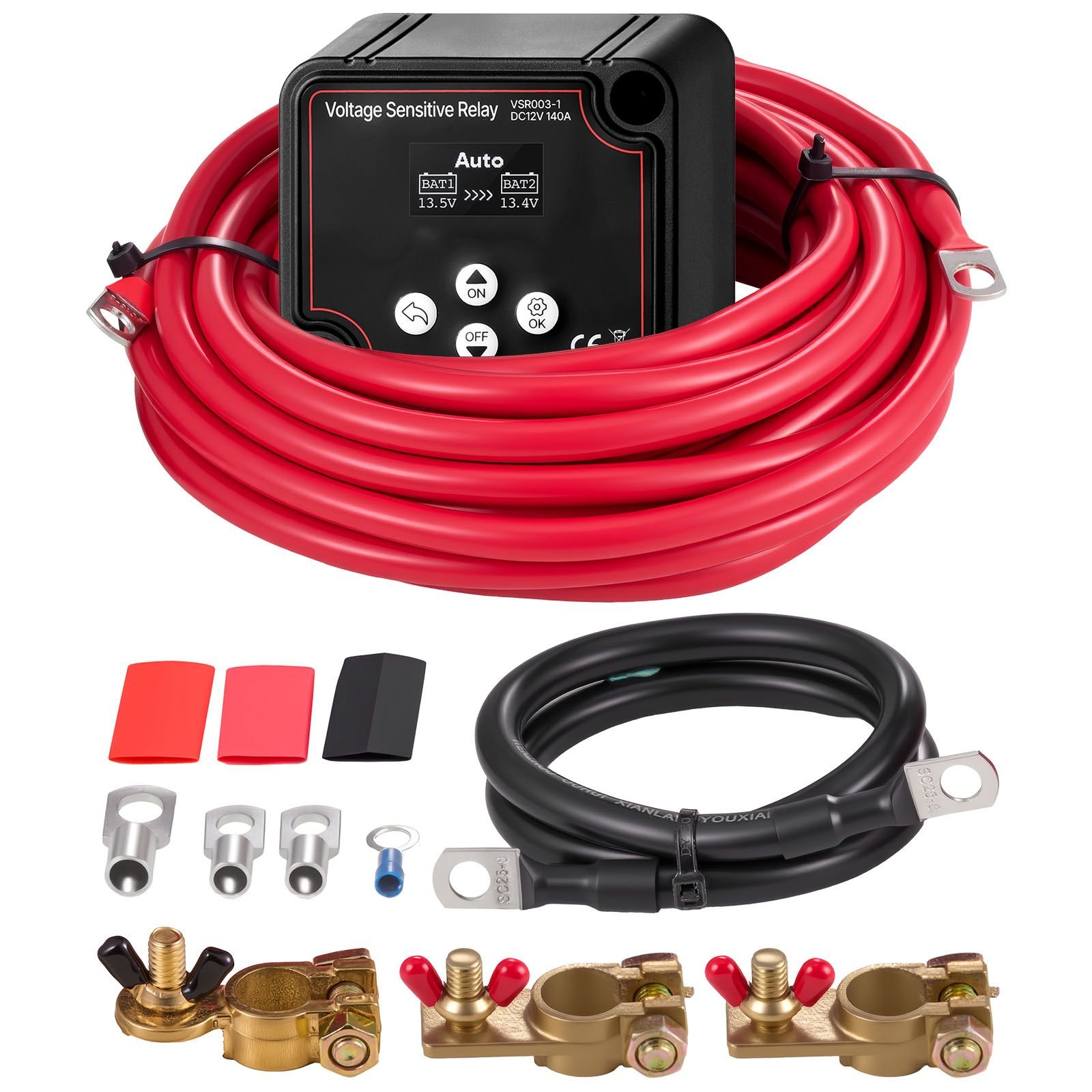 dual battery isolator kit, 12v 140 amp, manual and automatic vsr voltage sensitive relay with voltmeter, lcd screen, smart battery isolator, compatible with lead acid batteries, for utv, atv