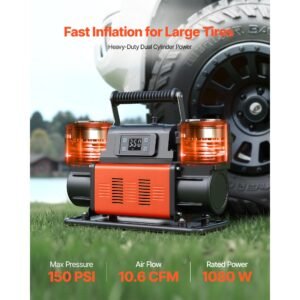 dual cylinder heavy duty air compressor, 10.6cfm auto stop portable tire inflator, 12v 150psi offroad air pump with lcd digital display & adapters for truck car suv 4 x 4 vehicle rv