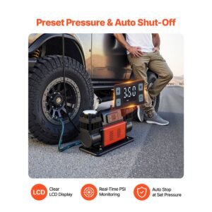 dual cylinder heavy duty air compressor, 10.6cfm auto stop portable tire inflator, 12v 150psi offroad air pump with lcd digital display & adapters for truck car suv 4 x 4 vehicle rv