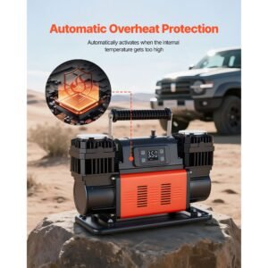 dual cylinder heavy duty air compressor, 10.6cfm auto stop portable tire inflator, 12v 150psi offroad air pump with lcd digital display & adapters for truck car suv 4 x 4 vehicle rv