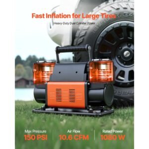 dual cylinder heavy duty air compressor, 10.6cfm portable tire inflator, 12v 150psi offroad air pump with digital pressure gauge & adapters for truck car suv 4 x 4 vehicle rv