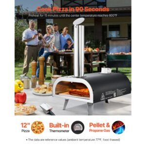 dual fuel pizza oven outdoor, 12 in wood fire & propane gas pizza oven, portable pellet & propane pizza maker with thermometer, iron spray black shell pizza cook for outside camping & backyard