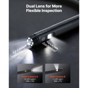 dual lens endoscope with light, 5" hd ips screen industrial borescope camera, 0.22 inch slim lens, 8x zoom, ip67 waterproof inspection snake camera for automotive, plumbing (16.4ft rigid cable)