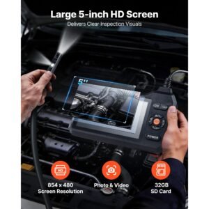 dual lens endoscope with light, 5" hd ips screen industrial borescope camera, 0.22 inch slim lens, 8x zoom, ip67 waterproof inspection snake camera for automotive, plumbing (16.4ft rigid cable)