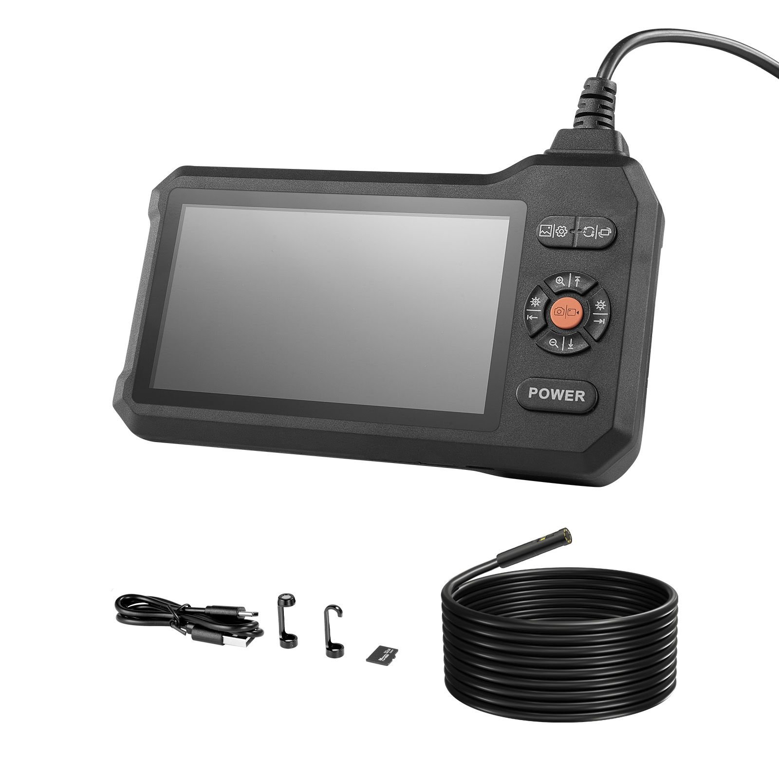 dual lens endoscope with light, 5" hd ips screen industrial borescope camera, 0.22 inch slim lens, 8x zoom, ip67 waterproof inspection snake camera for automotive, plumbing (16.4ft rigid cable)