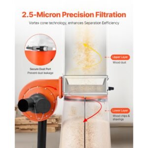 dust collector, 800 cfm 2.5 micron vortex cone dust collectors, 1hp sawdust collection system with 16 gallon large capacity dusts collector bag, filter bag, and casters, 3400 rpm high speed