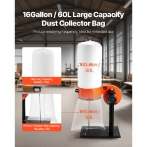 dust collector, 800 cfm 2.5 micron vortex cone dust collectors, 1hp sawdust collection system with 16 gallon large capacity dusts collector bag, filter bag, and casters, 3400 rpm high speed