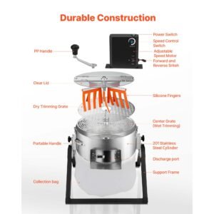 electric bud leaf trimmer, 2 in 1 manual & electric, 16 in bud trimmer with sharp stainless steel blades, bracket type wet dry hydroponic cutting machine with dry grate, for plant buds flowers