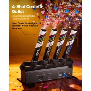 electric confetti cannon machine, high output 4 shot confetti launcher, dmx512, manual & remote control, portable confe tti shooter for wedding christmas dj party event show stage nightclub