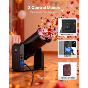 electric confetti machine, 1500w powerful output confetti cannon launcher, dmx512, manual & remote control, portable confe tti shooter for wedding christmas party event show stage nightclub