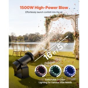 electric confetti machine with led lights, 1500w powerful output confetti cannon launcher, dmx512, manual & remote control, portable confe tti shooter for wedding christmas event show stage