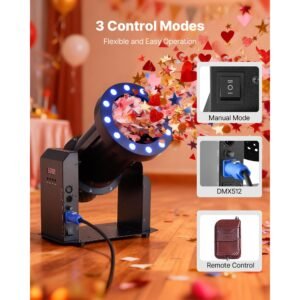 electric confetti machine with led lights, 1500w powerful output confetti cannon launcher, dmx512, manual & remote control, portable confe tti shooter for wedding christmas event show stage
