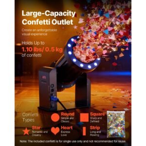 electric confetti machine with led lights, 1500w powerful output confetti cannon launcher, dmx512, manual & remote control, portable confe tti shooter for wedding christmas event show stage