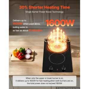 electric cooktop 12in 2 burners portable stove top 1800w 120v plug in, ceramic countertop/built in radiant electric stove , with 11 power levels, over heat guard, knob control