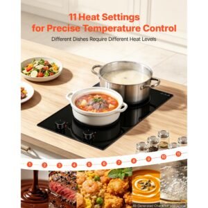 electric cooktop 12in 2 burners portable stove top 1800w 120v plug in, ceramic countertop/built in radiant electric stove , with 11 power levels, over heat guard, knob control