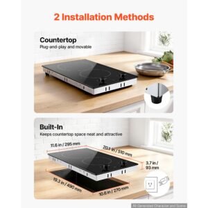 electric cooktop 12in 2 burners portable stove top 1800w 120v plug in, ceramic countertop/built in radiant electric stove , with 11 power levels, over heat guard, knob control