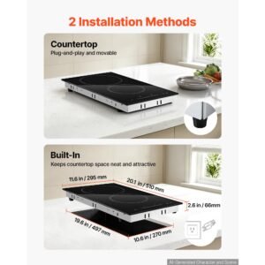 electric cooktop 12inch 2 burners portable stove top 1800w 120v, ceramic countertop/built in radiant electric stove, with 16 power levels, timer, child lock, over heat guard, touch control