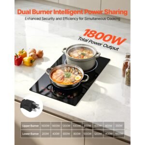 electric cooktop 12inch 2 burners portable stove top 1800w 120v, ceramic countertop/built in radiant electric stove, with 9 power levels, timer, child lock, over heat guard, touch control