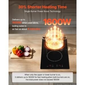 electric cooktop 12inch 2 burners portable stove top 1800w 120v, ceramic countertop/built in radiant electric stove, with 9 power levels, timer, child lock, over heat guard, touch control