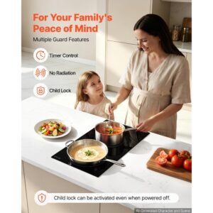 electric cooktop 12inch 2 burners portable stove top 1800w 120v, ceramic countertop/built in radiant electric stove, with 9 power levels, timer, child lock, over heat guard, touch control