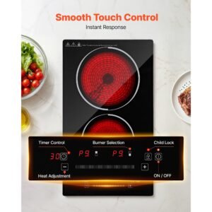 electric cooktop 12inch 2 burners portable stove top 1800w 120v, ceramic countertop/built in radiant electric stove, with 9 power levels, timer, child lock, over heat guard, touch control