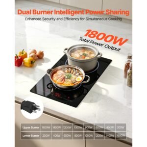 electric cooktop 12inch 2 burners portable stove top 1800w 120v, ceramic countertop/built in radiant electric stove, with 9 power levels, timer, child lock, over heat guard, touch control