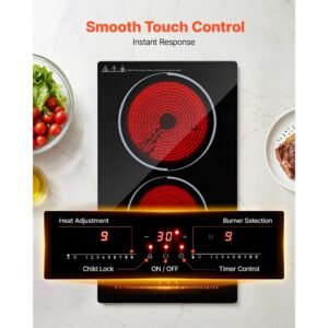 electric cooktop 12inch 2 burners portable stove top 1800w 120v, ceramic countertop/built in radiant electric stove, with 9 power levels, timer, child lock, over heat guard, touch control