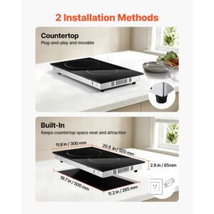 electric cooktop 12inch 2 burners portable stove top 1800w 120v, ceramic countertop/built in radiant electric stove, with 9 power levels, timer, child lock, over heat guard, touch control