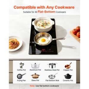 electric cooktop 12inch 2 burners portable stove top 1800w 120v, ceramic countertop/built in radiant electric stove, with 9 power levels, timer, child lock, over heat guard, touch control