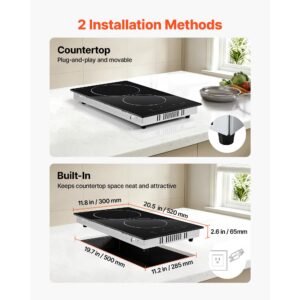 electric cooktop 12inch 2 burners portable stove top 1800w 120v, ceramic countertop/built in radiant electric stove, with 9 power levels, timer, child lock, over heat guard, touch control