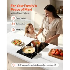electric cooktop 12inch 2 burners portable stove top 1800w 120v, ceramic countertop/built in radiant electric stove, with 9 power levels, timer, child lock, over heat guard, touch control