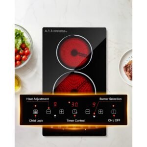 electric cooktop 12inch 2 burners stove top 3000w 220v no plug, ceramic built in radiant electric stove, with 9 power levels, timer, child lock, over heat guard, touch control