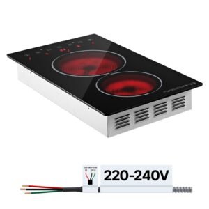 Electric Cooktop 12inch 2 Burners Stove Top 3000W 220V No Plug, Ceramic Built-in Radiant Electric Stove, with 9 Power Levels, Timer, Child Lock, Over-Heat Guard, Touch Control