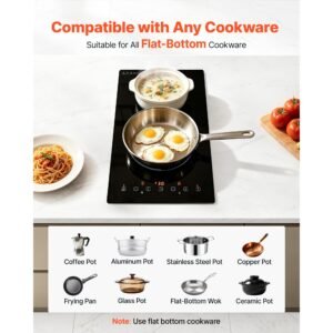 electric cooktop 12inch 2 burners stove top 3000w 220v no plug, ceramic built in radiant electric stove, with 9 power levels, timer, child lock, over heat guard, touch control