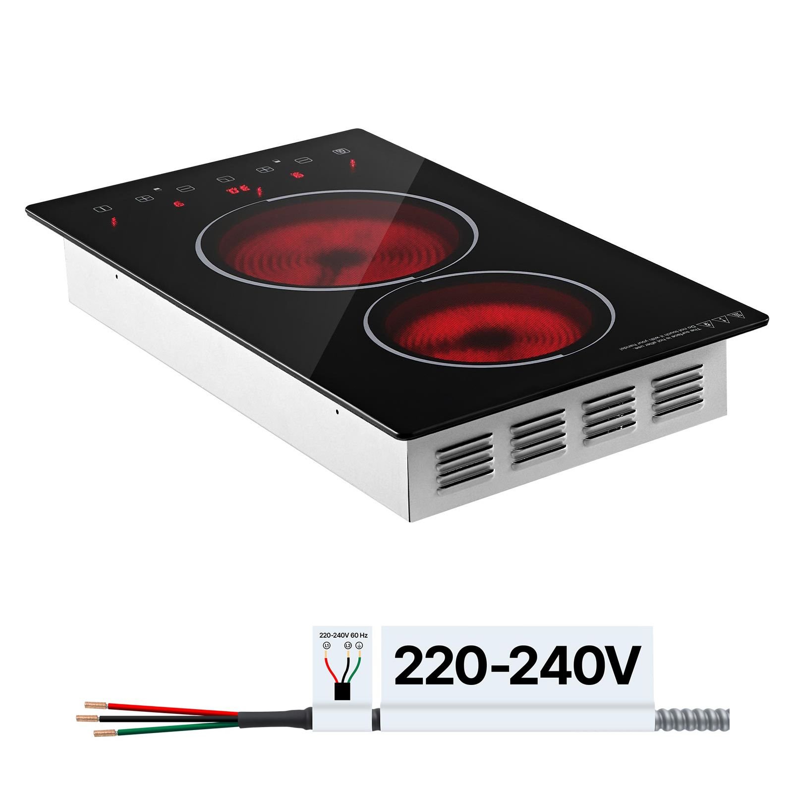 electric cooktop 12inch 2 burners stove top 3000w 220v no plug, ceramic built in radiant electric stove, with 9 power levels, timer, child lock, over heat guard, touch control