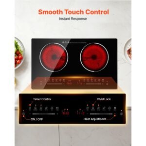 electric cooktop 24inch 2 burners portable stove top 1800w 120v, ceramic countertop/built in radiant electric stove , with 9 power levels, timer, child lock, over heat guard, touch control
