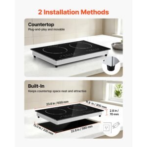 electric cooktop 24inch 2 burners portable stove top 1800w 120v, ceramic countertop/built in radiant electric stove , with 9 power levels, timer, child lock, over heat guard, touch control
