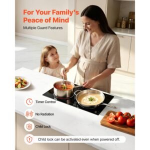 electric cooktop 24inch 2 burners portable stove top 1800w 120v, ceramic countertop/built in radiant electric stove , with 9 power levels, timer, child lock, over heat guard, touch control